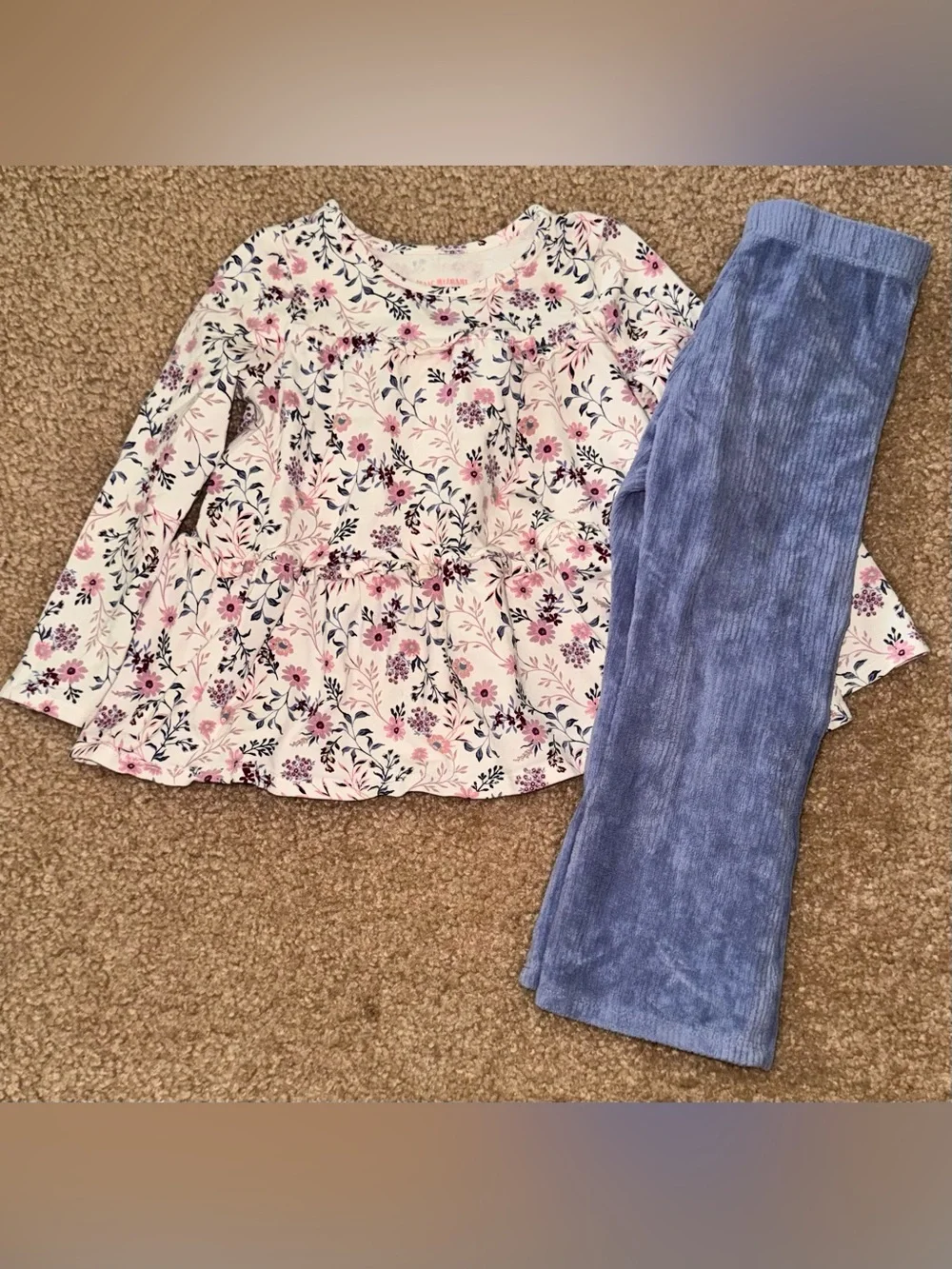 Girls Floral Peplum Top & Blue Corduroy Leggings Matching Set